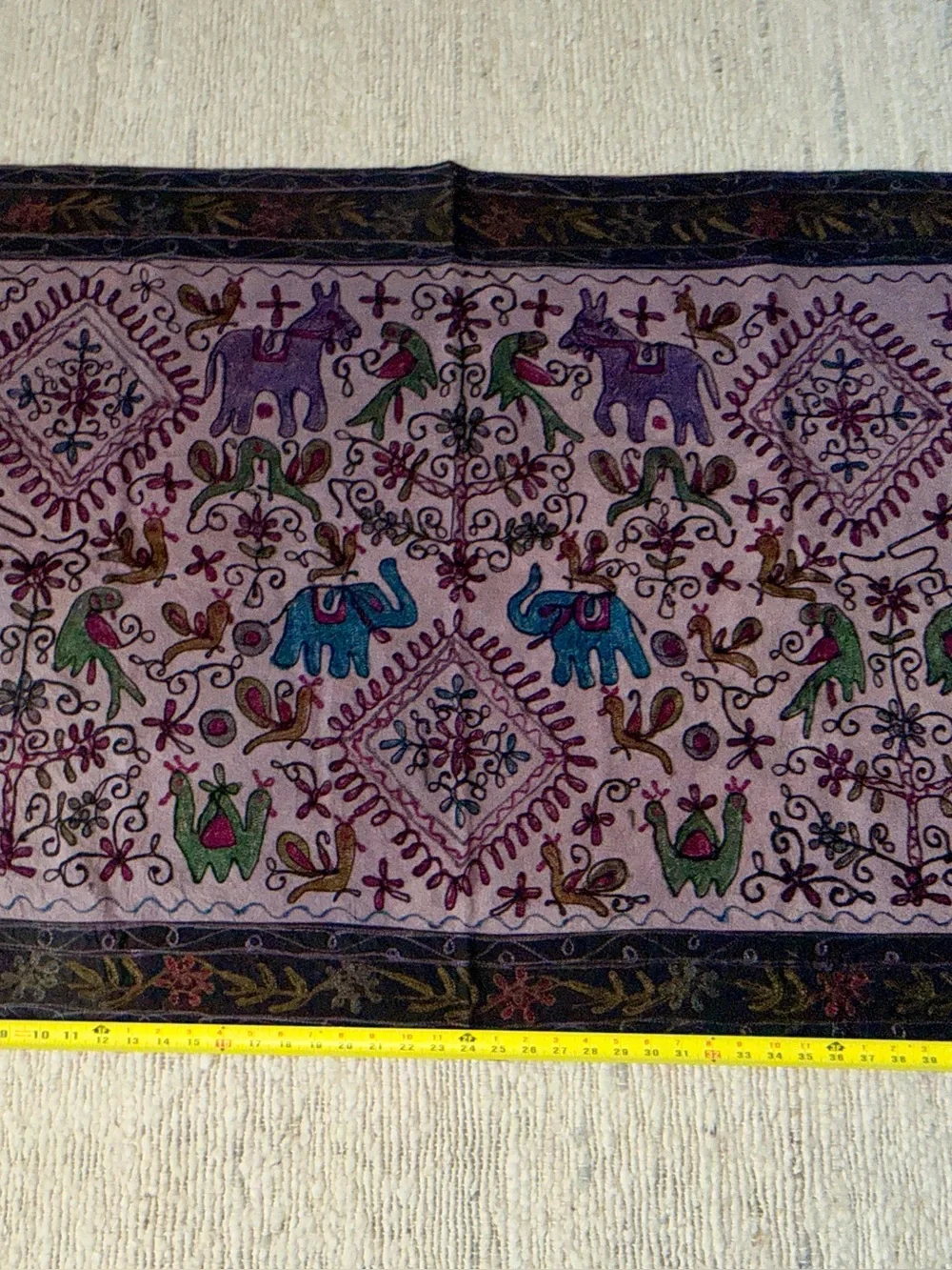 Nepali Embroidered Elephant and Bird Wall Hanging - Multi-Color